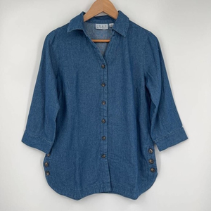 Joan Rivers Womens Button Up Shirt Blue 3/4 Sleeve‎ Collar Side Denim XXS New